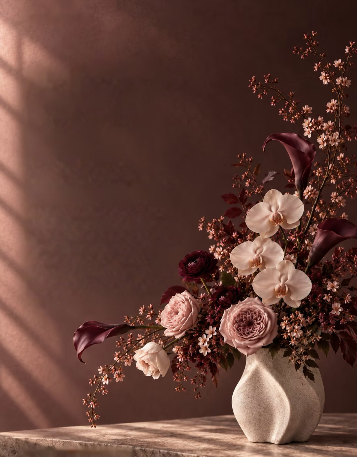 A cream sculptural vase holding blush roses, white orchids, burgundy ranunculus and calla lilies with delicate blossoming branches, in soft window light.