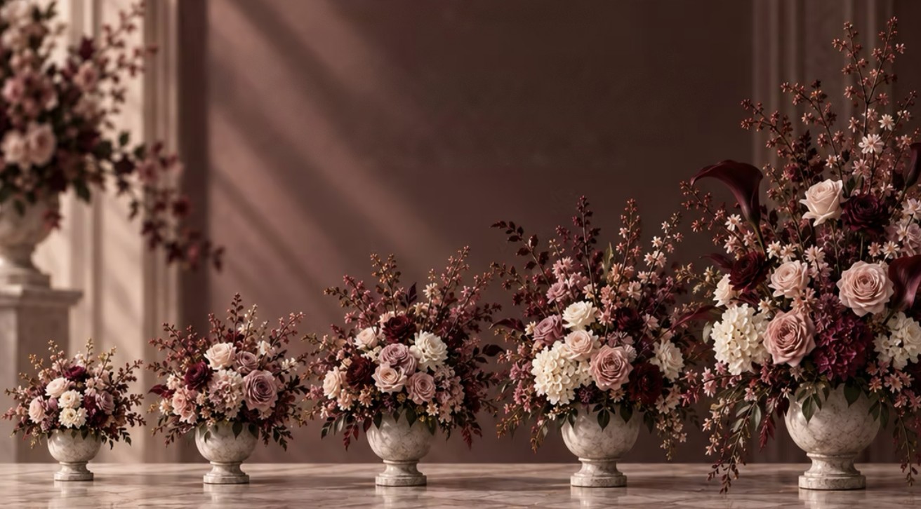 Five arrangements in matching stone urns on a marble console, growing in size from the smallest Classic on the left to the tallest Legacy on the right.
