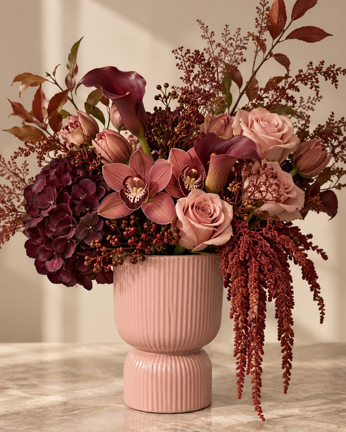 A pink ribbed pedestal vase with burgundy calla lilies, dusty rose and trailing amaranthus.
