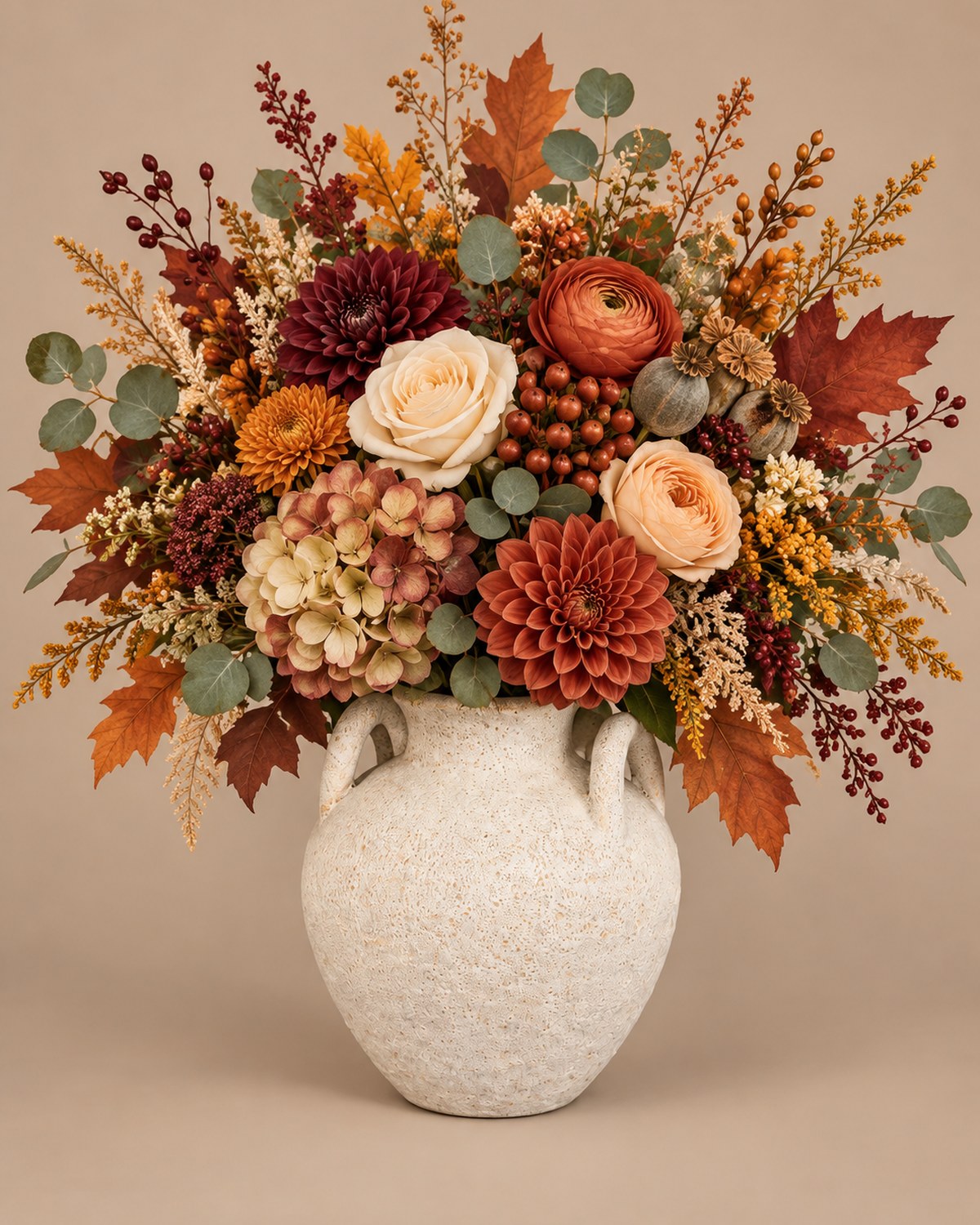 A round white textured urn filled with cream dahlias, orange roses, burgundy blooms and autumn leaves.