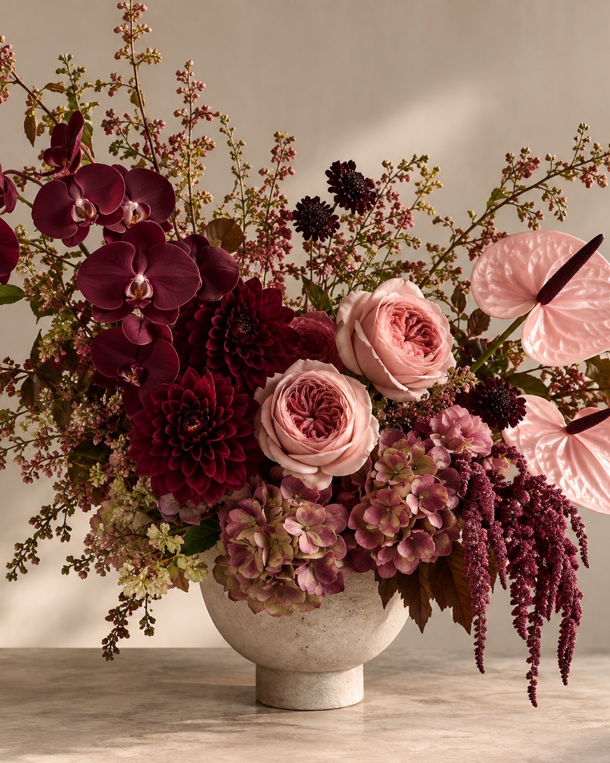 A white bowl pedestal vase with deep burgundy orchids, dusty pink roses, burgundy dahlias and pink anthuriums.