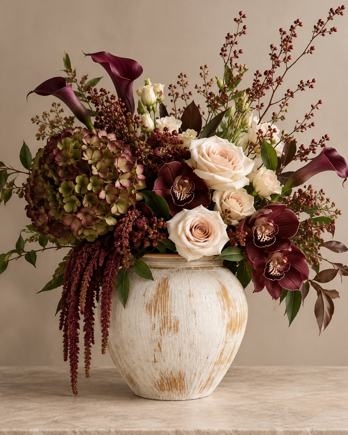 A carved white footed urn with cream calla lilies, burgundy amaranthus and orange roses.