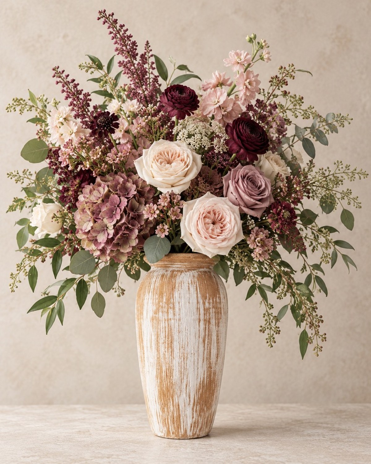 A textured cream vase with rust dahlias, orange roses, burgundy blooms and eucalyptus in warm window light.