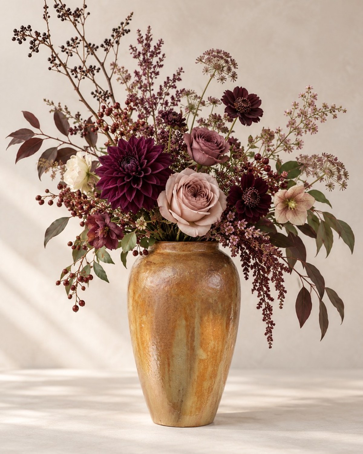 A rustic amber-washed vase holding dark burgundy orchids, dahlias and trailing amaranthus.