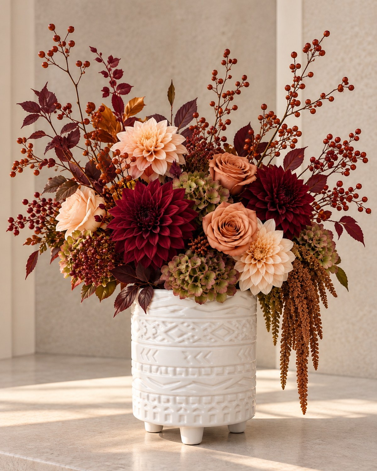 A carved white footed urn with rust dahlias, burgundy amaranthus and cream blooms.