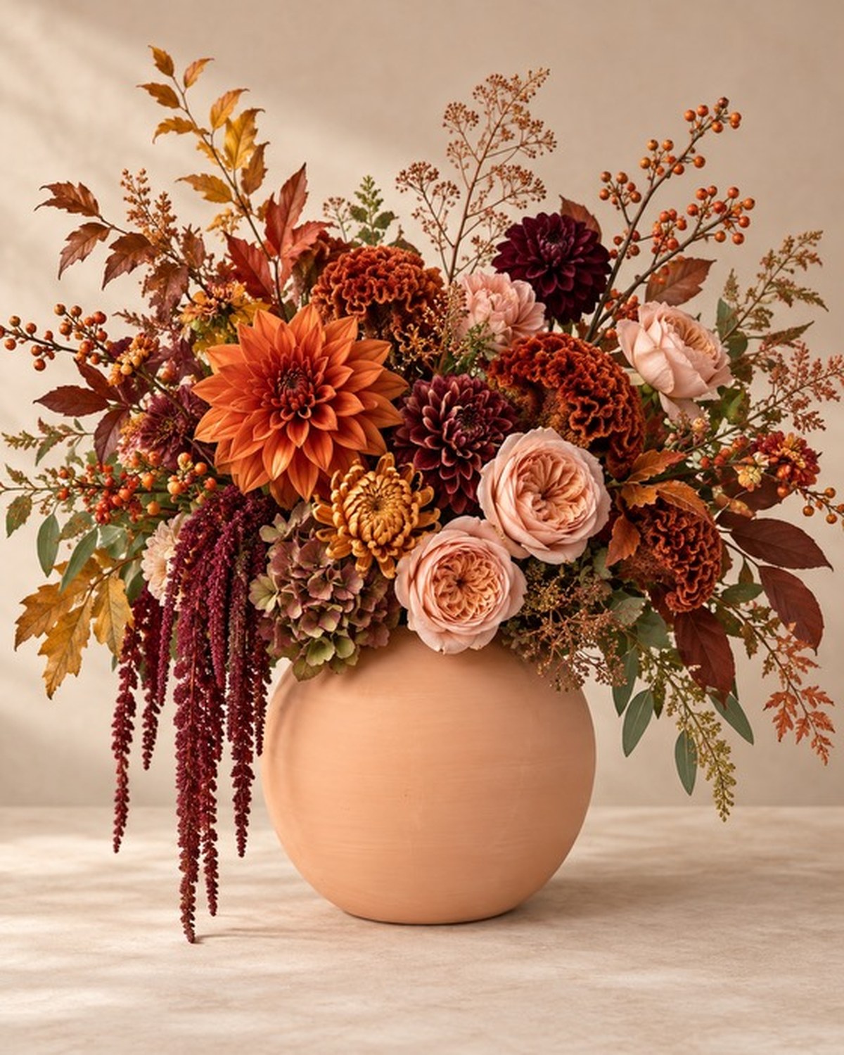 A round terracotta vase filled with orange dahlias, rust roses and burgundy blooms.