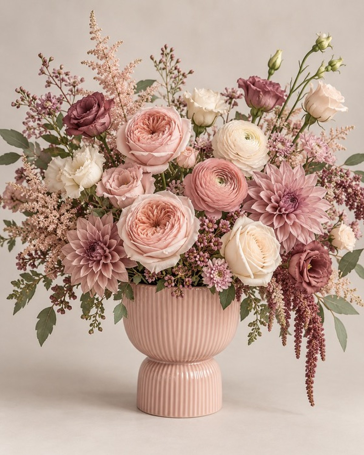 A pink ribbed pedestal vase with blush roses, cream dahlias and ranunculus.