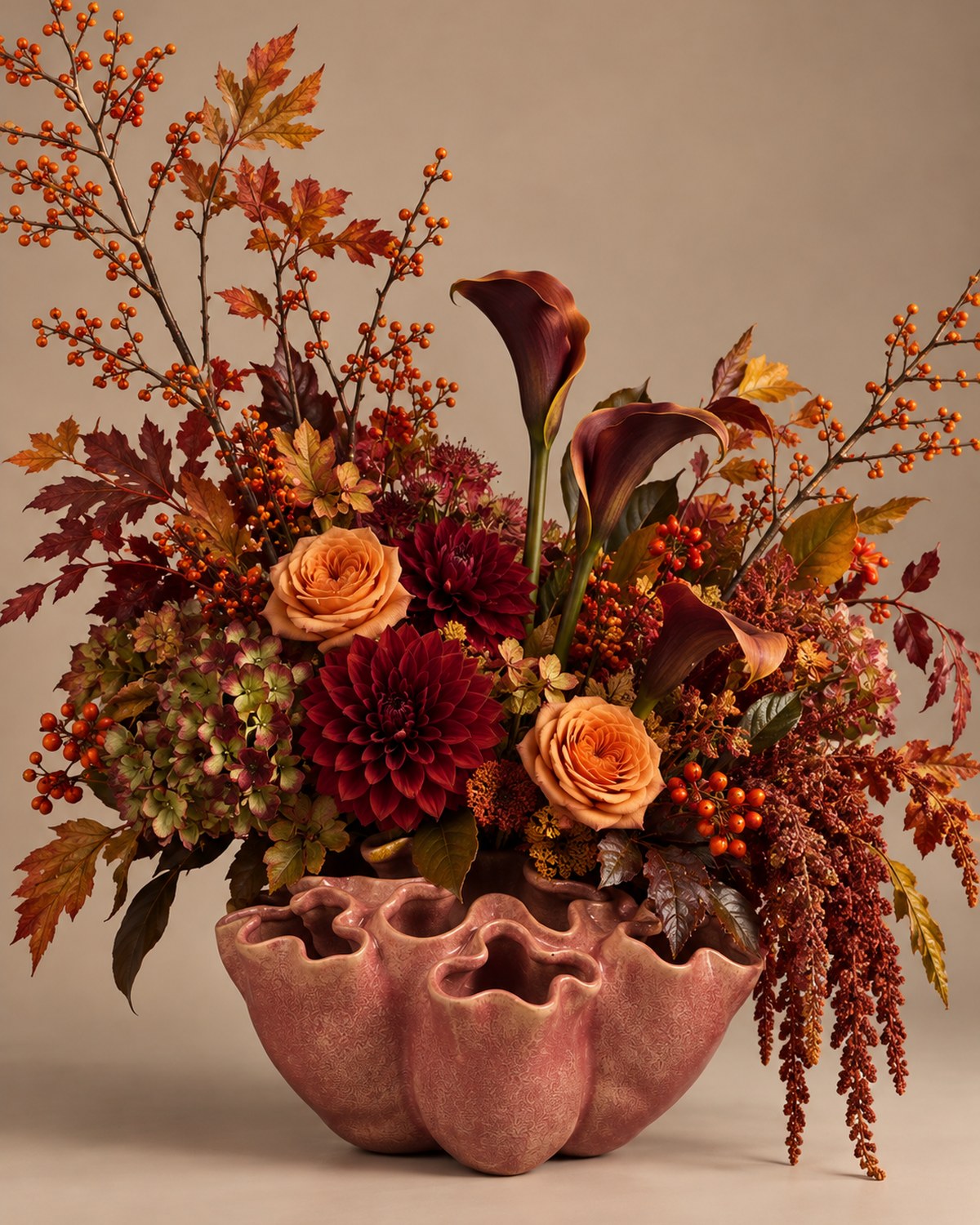 A wavy blush shell-shaped vase holding a burgundy and rust autumn arrangement with maple leaves.