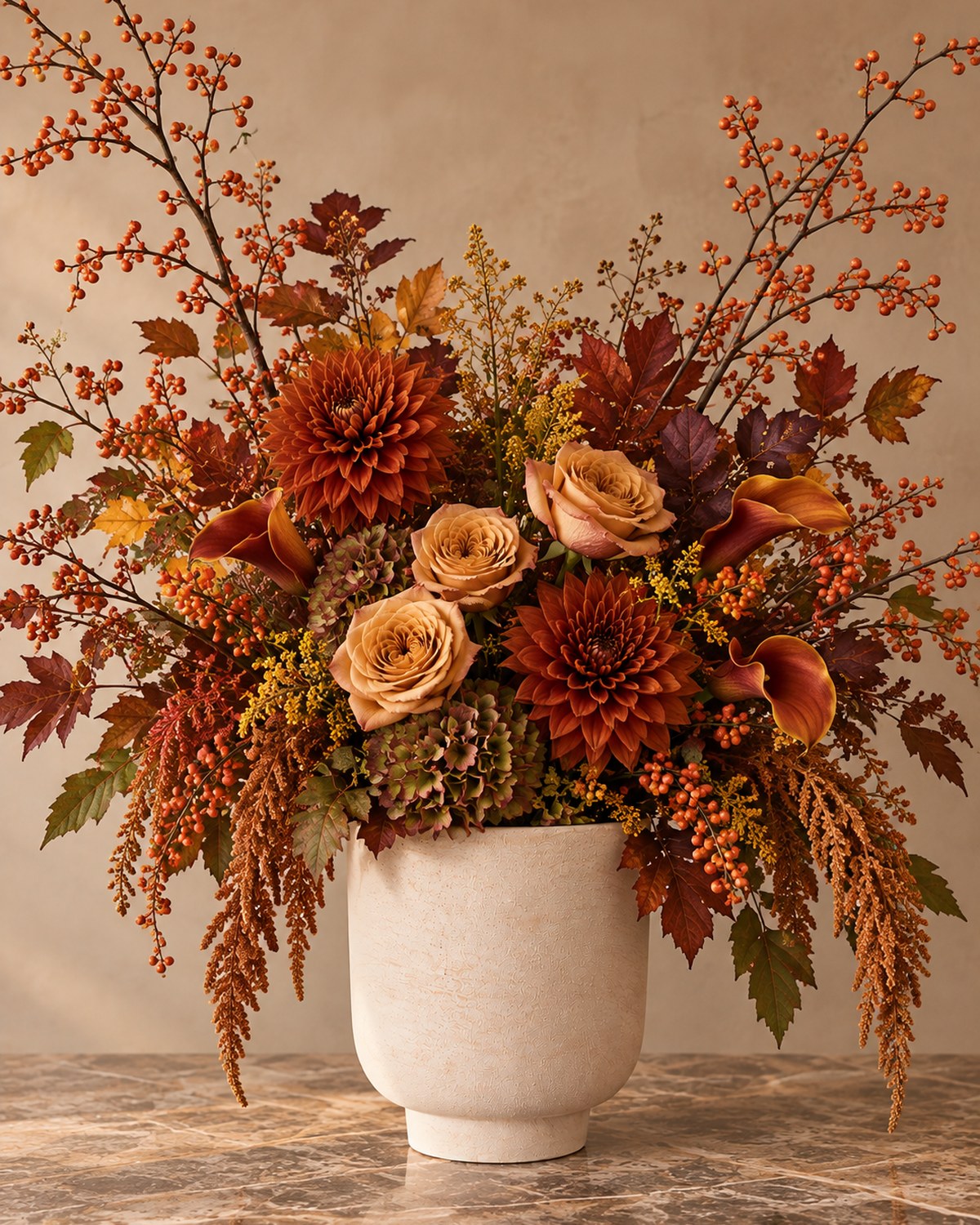 A footed cream vase of dahlias and roses in rust, peach and burgundy with branching bittersweet berries against a sunlit wall.