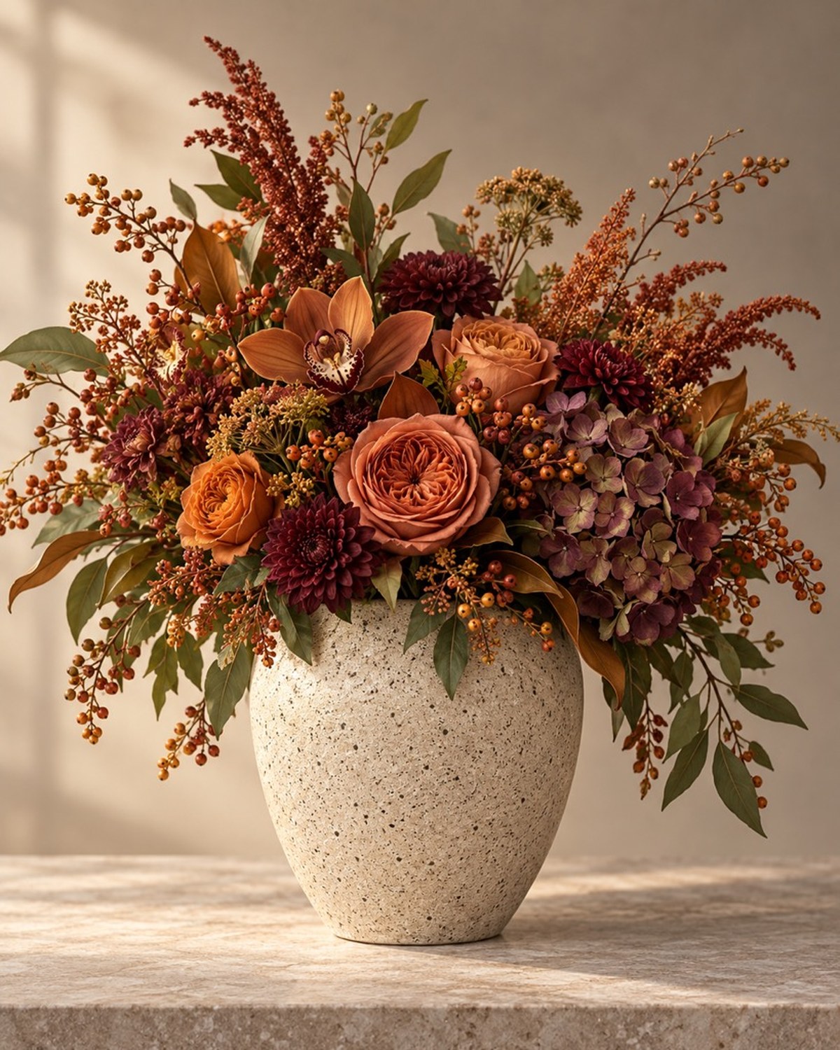 A speckled stoneware vase of copper roses, orchids and hydrangea in amber and mauve tones with trailing seed pods.