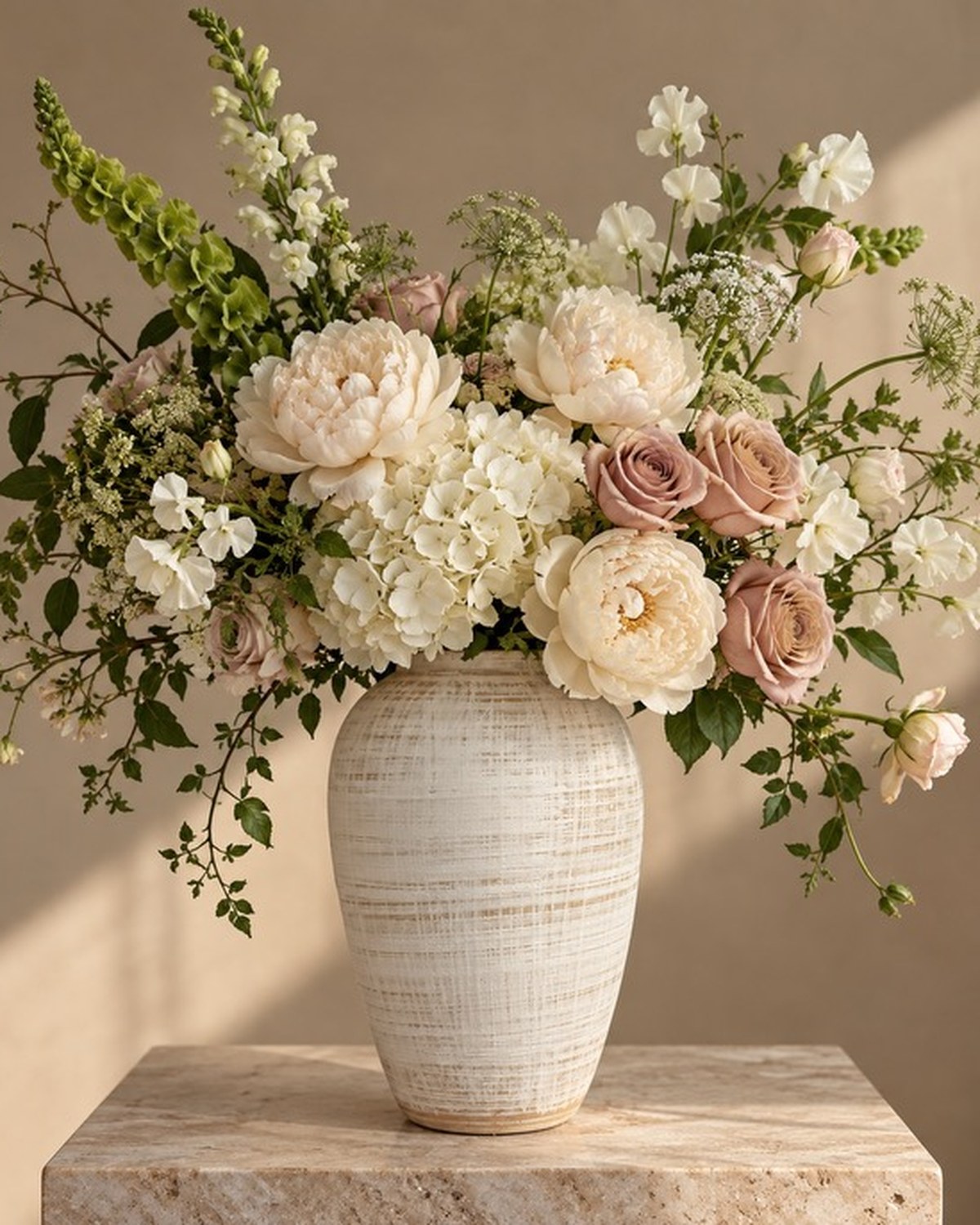 A hand-painted blue and white ginger jar with blue delphinium, blush roses and cream dahlias.
