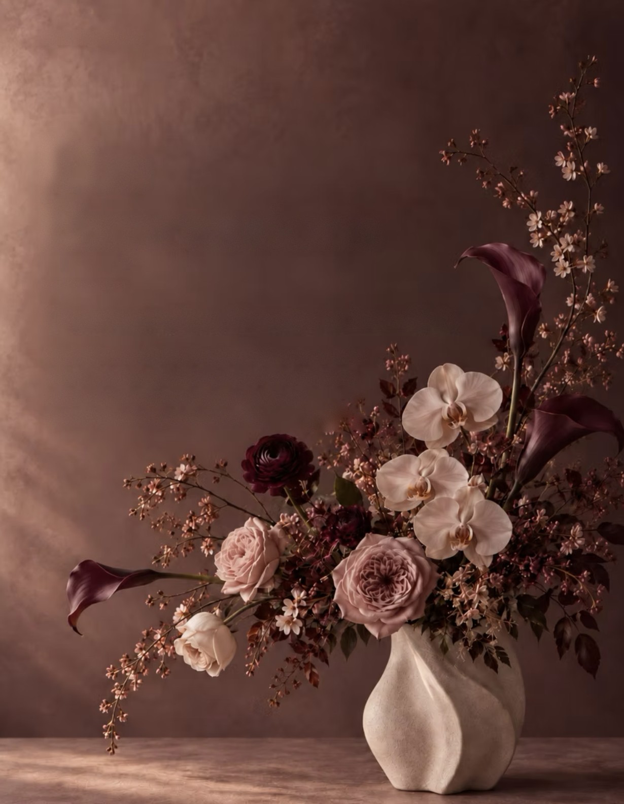 A sculptural cream vase holding blush roses, white orchids, burgundy calla lilies and delicate blossoming branches against a mauve wall.