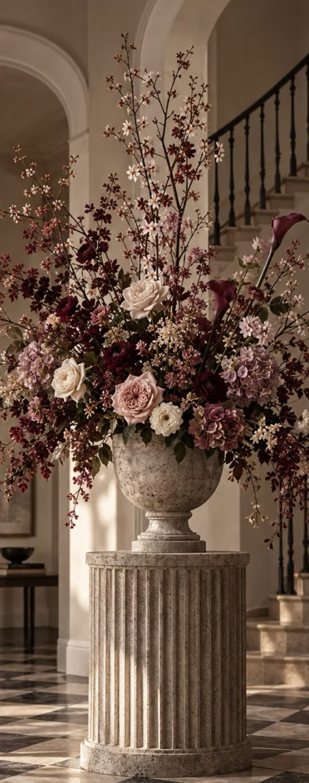 A towering arrangement in a stone urn on a fluted pedestal in a grand foyer with a curved staircase.